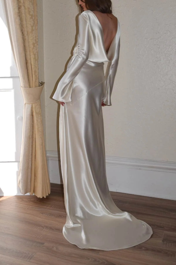 Robe longue en satin à col bénitier et dos ouvert Pearl Eden 