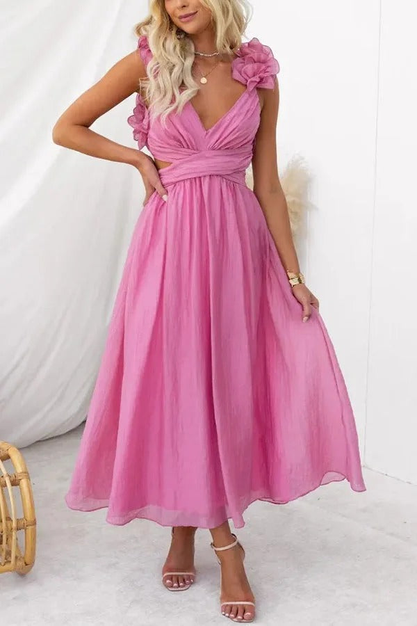Robe longue de luxe à volants floraux et lacets dans le dos avec taille élastique