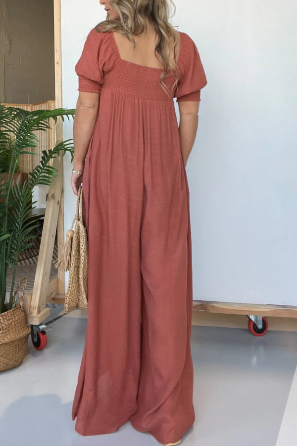 2024 NEW SQUARE NECKLINE JUMPSUIT WITH SMOCKED BODICE BUTTON (BUY 2 FREE SHIPPING)