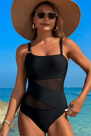 One-piece mixed fabric patchwork swimsuit