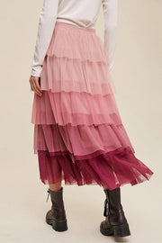 Pink Gradient Mesh Ruffle Tiered Tulle Maxi Skirt