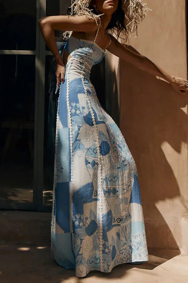 TERAZZA RIC RAC LEINENBESATZ EINZIGARTIGES PRINT RÜCKSEITE ZUM SCHNÜRSENKLEMMEN AUSGESTELLTES LEINEN-MAXIKLEID