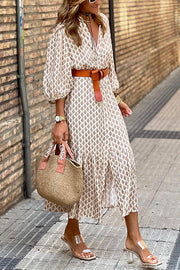 Summer retro corner print v-neck cropped puff sleeve dress (with belt)