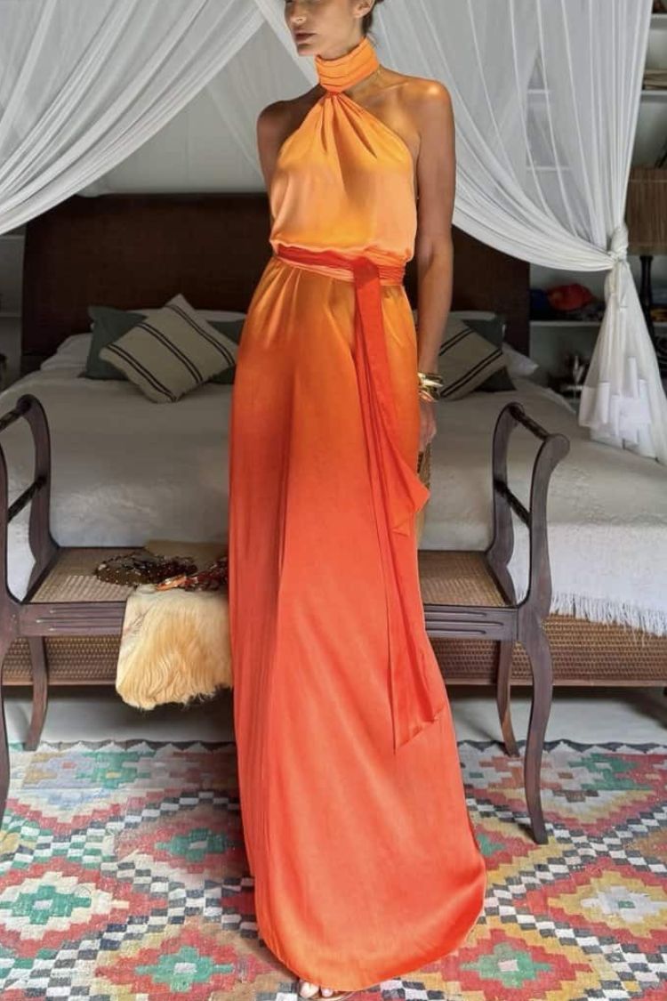 Robe longue à imprimé dégradé Chase The Sun, col montant, dos nu et lien à nouer