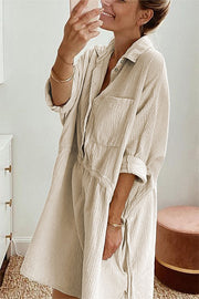 Beige Cotton Solid Color Buttoned Closure Long Sleeve Casual Dress