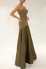 Timeless Elegance Satin Patchwork Strapless Flare Gown Maxi Dress