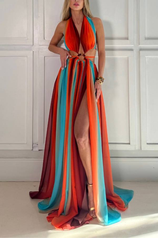 Robe longue de vacances fendue en tulle imprimé avec anneaux creux et plusieurs styles