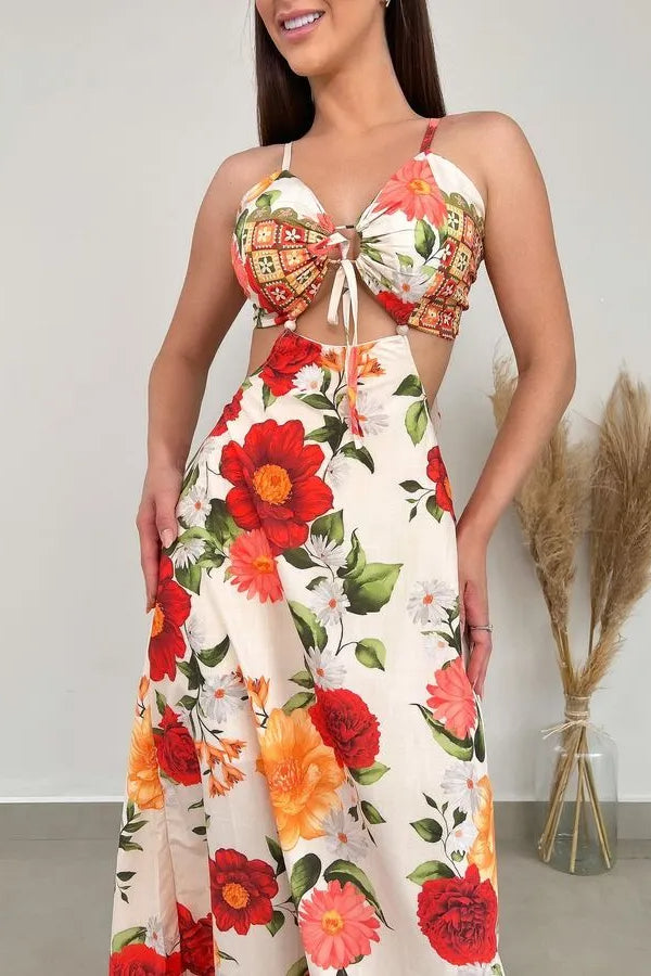 MONET – Blooming Rose – Maxikleid mit Cut-out und Bindeband am Rücken