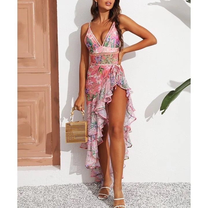 swimgirls Einteiliger Badeanzug mit V-Ausschnitt und Blumenmuster und Sarong aus Netzstoff 