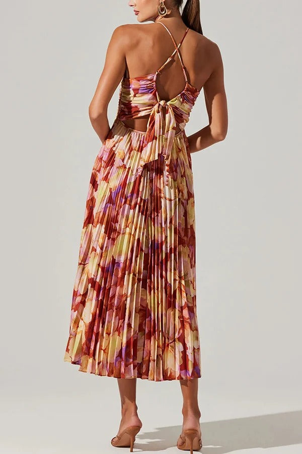 Robe mi-longue plissée à imprimé floral et à nouer dans le dos pour la saison des fêtes de mariage