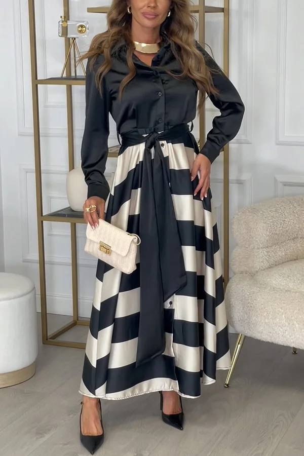 Robe longue en satin Lindsey à manches longues et ceinture contrastée
