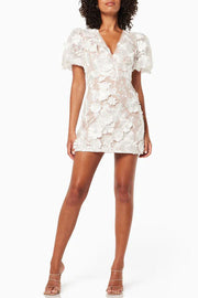 Garden Gala Embroidered Floral Applique Puff Sleeve Mini Dress