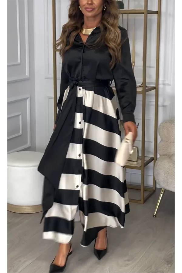 Robe longue en satin Lindsey à manches longues et ceinture contrastée