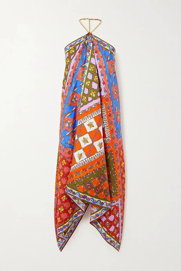 Artistic Girl Asymmetric Unique Print Chain Halter Draped Scarf Midi Dress