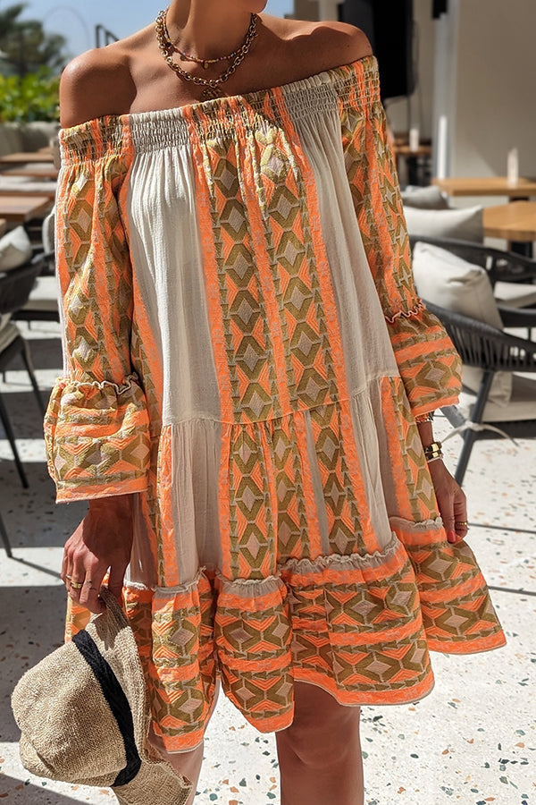 Robe courte ample à épaules dénudées et imprimé ethnique en lin mélangé Friendly Shores