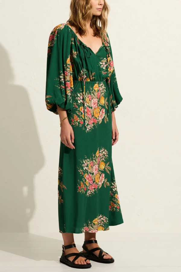 Dark Green Printed V-Neck Drawstring Midi Dress