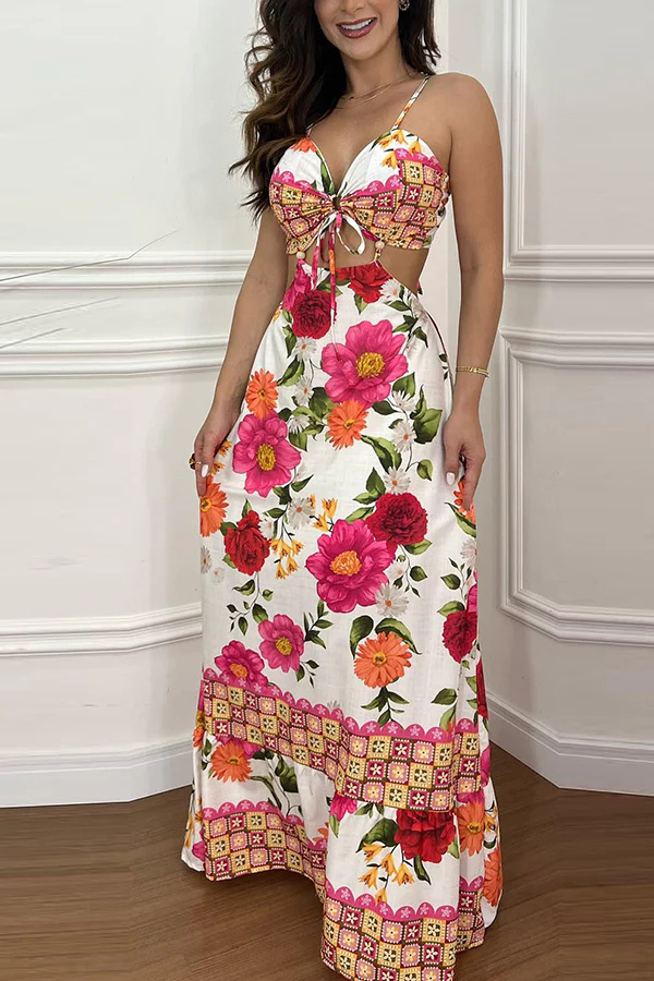 Robe longue de vacances à lacets et découpes à imprimé tropical de style mexicain