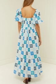 Blue Square Print Puff Sleeve Flat Collar Waist Long Dress