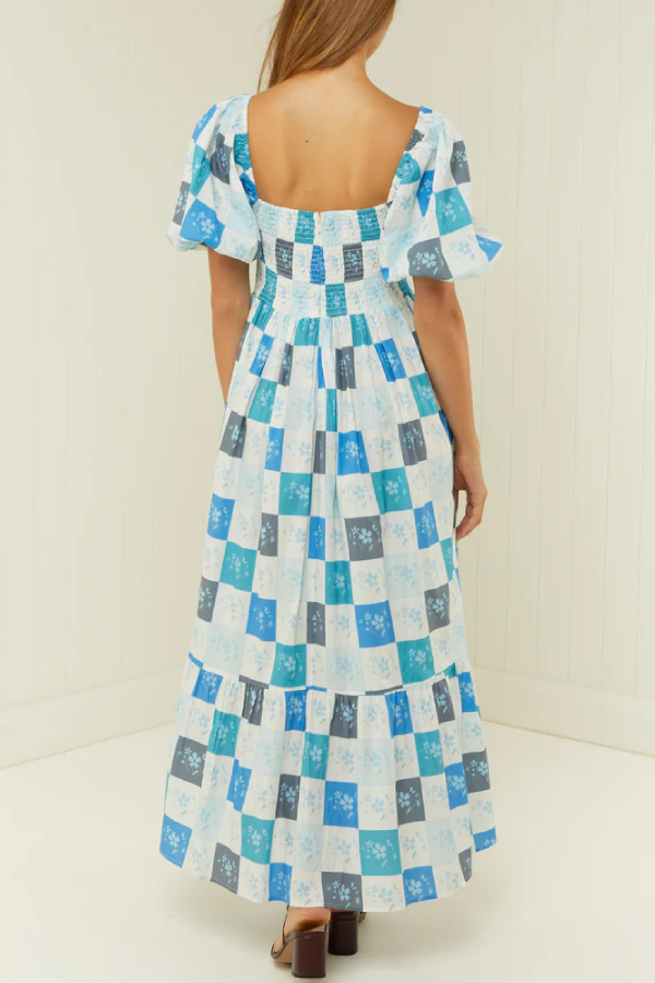 Blue Square Print Puff Sleeve Flat Collar Waist Long Dress