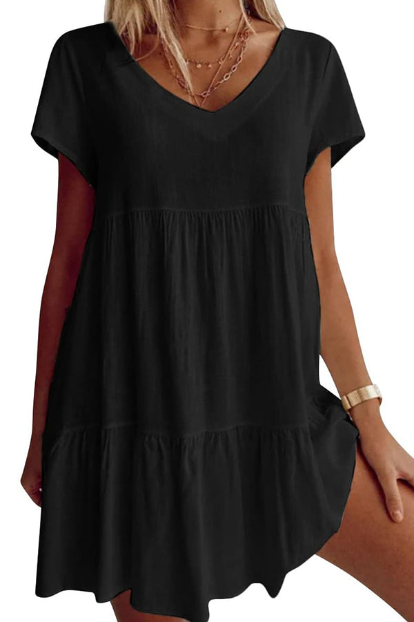 Cotton-Blend V Neck Casual Short Sleeve Weaving Dress