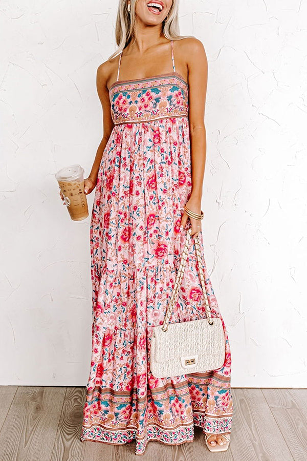 Sunny Day Darling Boho Printed Back Adjustable Tie Maxi Dress