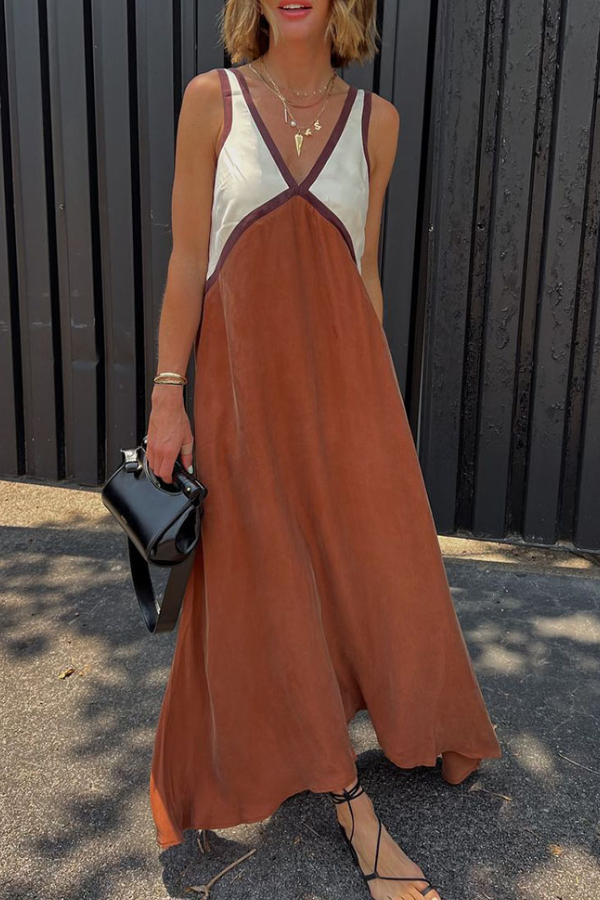 Robe chic à col en V et couleurs contrastées
