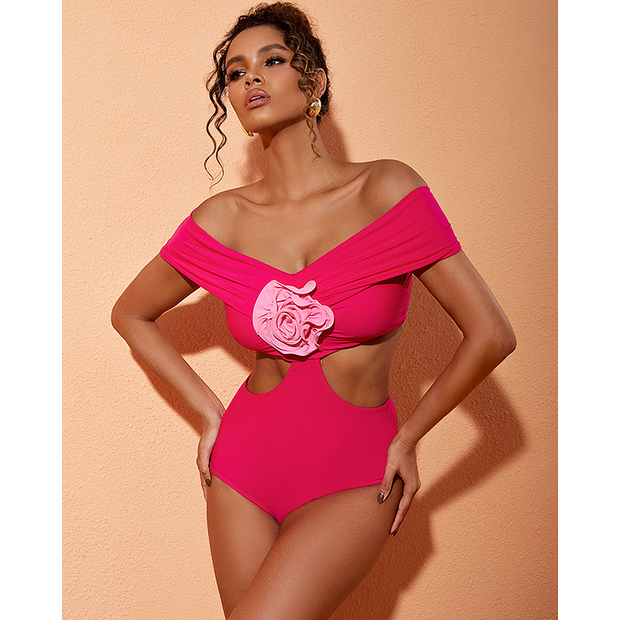 3D Flower Color Block Swimsuit and Skirt