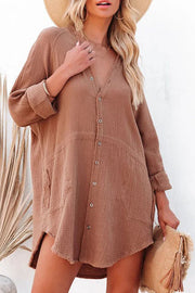 Loose Mid-length Jacket Casual Solid Color Shirt Mini Dress