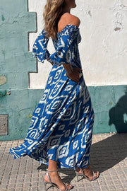 Close To The Vacation Ethnic Print Smocked Off Shoulder Pocketed Maxi Dress