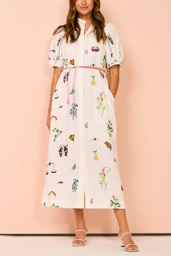Besticktes Hemdblusenkleid in Creme