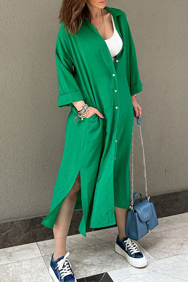 Casual Solid Buckle POLO collar Shirt Dress Dresses