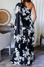 Slay The Evening Pleated Floral Pattern One Shoulder Drape Maxi Dress