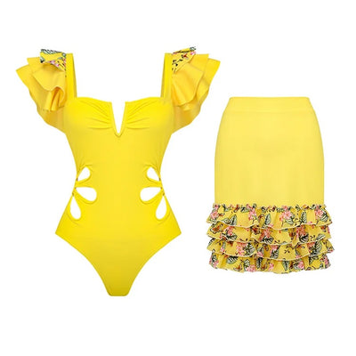 Ruffle Cut Out One Piece Swimsuit and Skirt