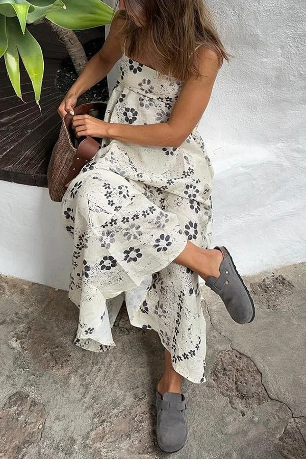 Robe longue dos nu à bretelles et imprimé floral en mélange de lin