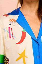 Vibrant Beach Satin Unique Print Colorblock Trim Button Down Oversized Blouse