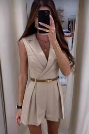 Office Lady or Fashion Girl Lapel Pocket with Belt Pleated Romper