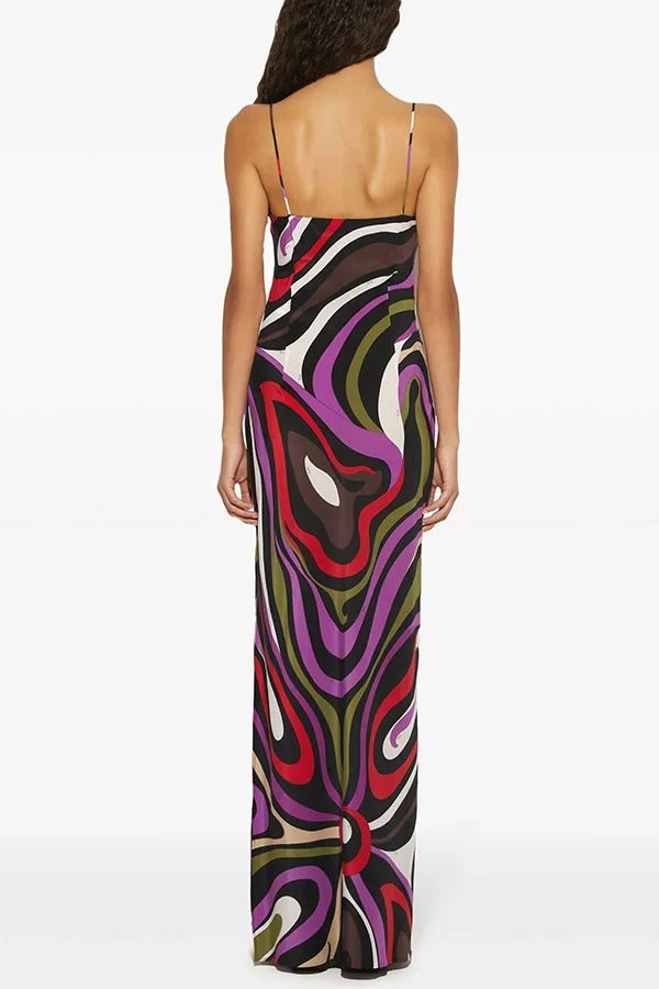 Love in Venice Unique Print V-neck Slit Slip Maxi Dress