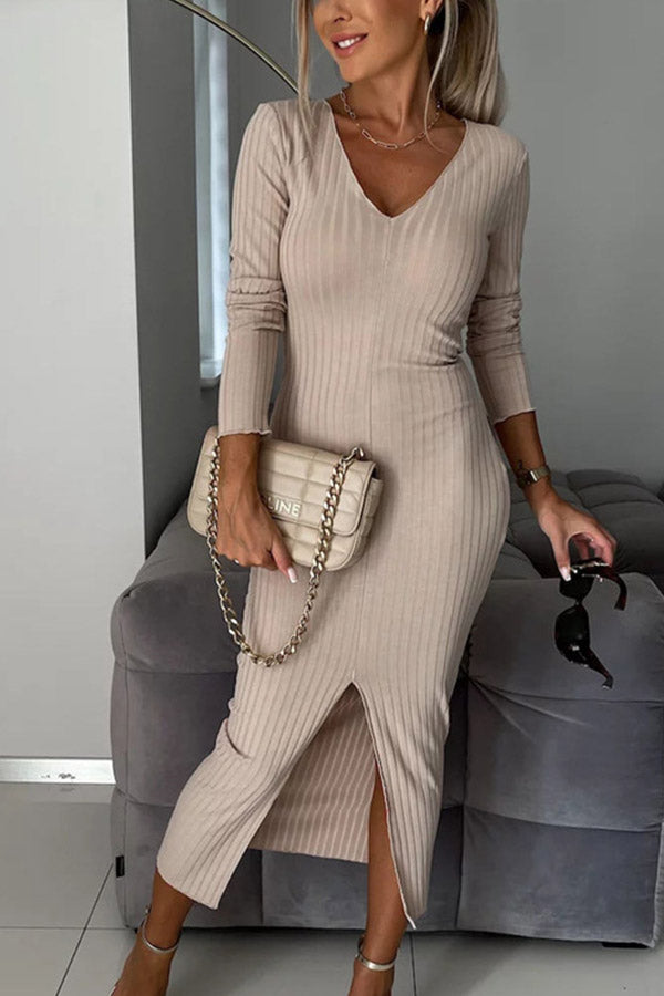 Robe longue à manches longues et col en V, couleur unie, tendance