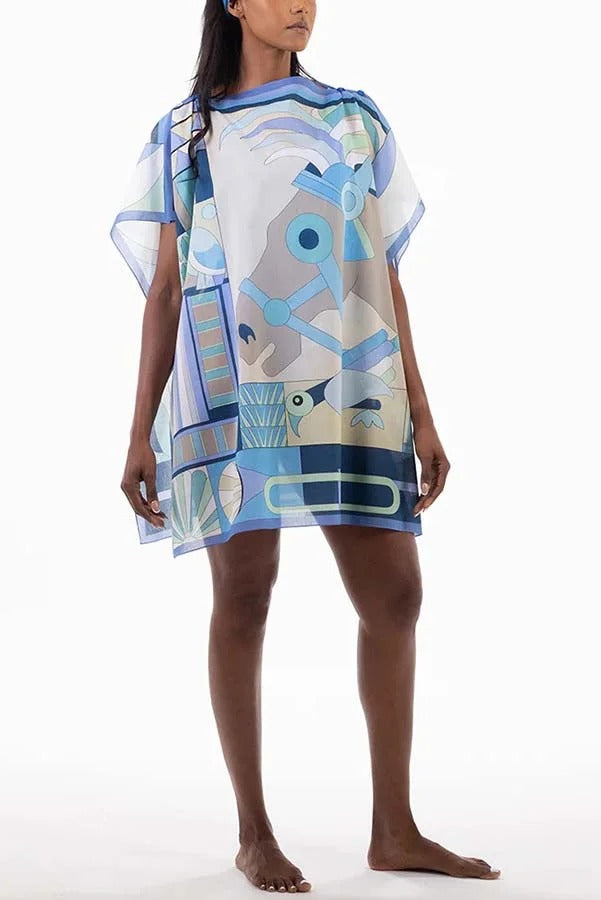 Horse Island Tulle Unique Print One Shoulder Button Detail Loose Cover-up Mini Dress
