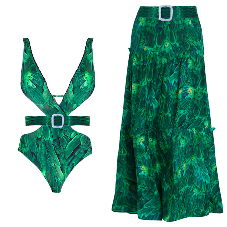 Maillot de bain et jupe à imprimé plumes et découpes à col en V 