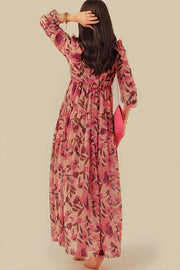 Pastel Red Floral Print Ruffle Trim Plunge Neckline Maxi Dress