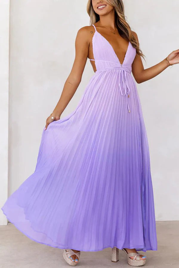 Love Letter To You Pleated Gradient Print Back Tie-up Slit Maxi Dress