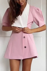 Stylish Contrast Lapel Backless Bow Shirt Style Pocket Mini Dress