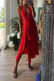 Gabin Red Sleeveless Deep V Sexy Midi Dress