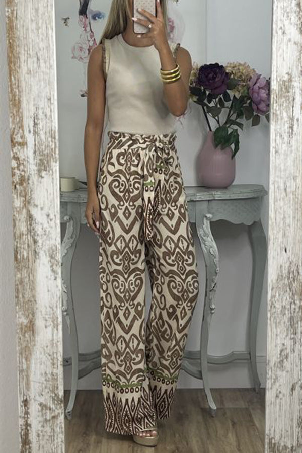 GALA waist tie ethnic totem pattern trousers