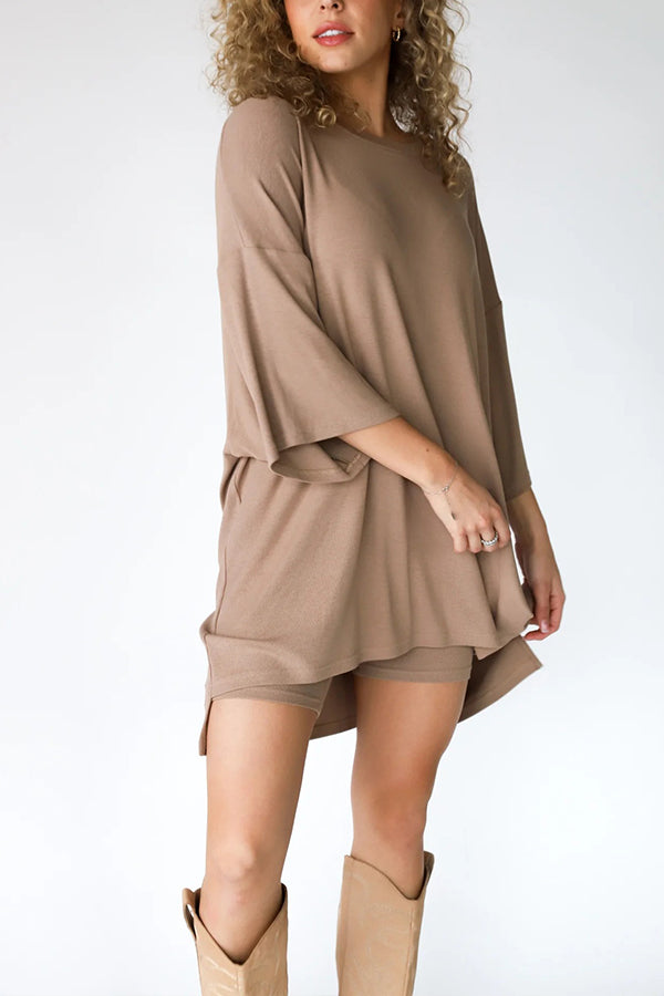 Fashion solid color loose fitting T-shirt+tight shorts for women