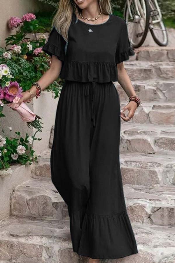 Casual loose solid color short-sleeved wide-leg pants two-piece set