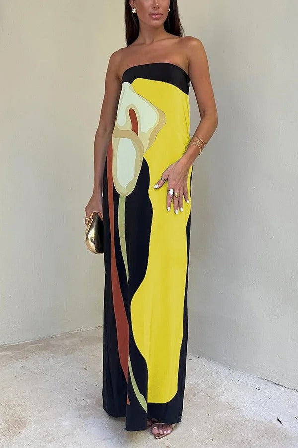 Robe longue ample à imprimé floral abstrait Jaime, épaules dénudées et élastique, idéale pour les vacances