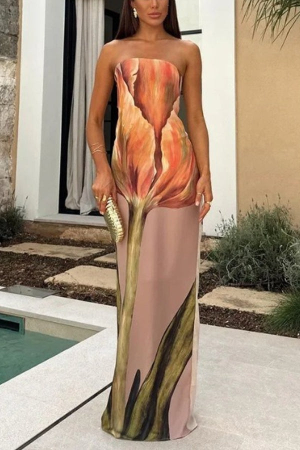Robe longue ample à imprimé floral abstrait Jaime, épaules dénudées et élastique, idéale pour les vacances