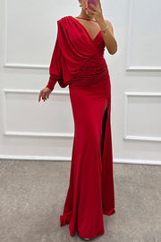 Like Venus One Shoulder Bat Sleeve Ruched Detail Slit Gown Maxi Dress